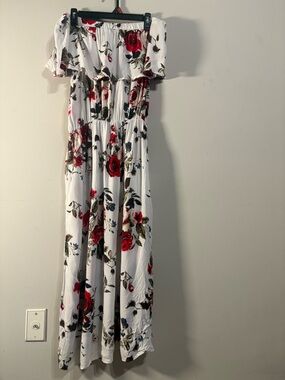White Off-Shoulder Floral Maxi Dress with Red Rose Print
